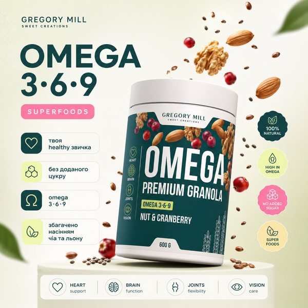 Омега-Гранола Горіх та Журавлина Gregory Mill Omega Nut & Cranberry Premium Granola, 600 г GM-01-17 фото