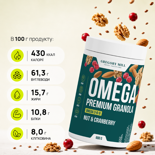 Омега-Гранола Горіх та Журавлина Gregory Mill Omega Nut & Cranberry Premium Granola, 600 г GM-01-17 фото