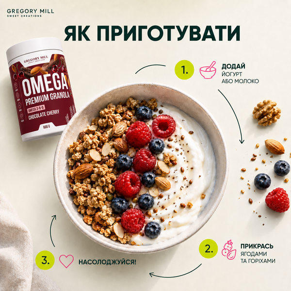 Омега-Гранола Шоколад та Вишня Gregory Mill Omega Chocolate Cherry Premium Granola, 600 г GM-01-18 фото