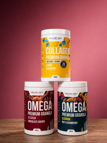 Набір граноли Омега та Колаген Omega Beauty Pack Nut & Cranberry, Chocolate Cherry та Lemon Blueberry, 1800 г, Gregory Mill GG-10-510 фото