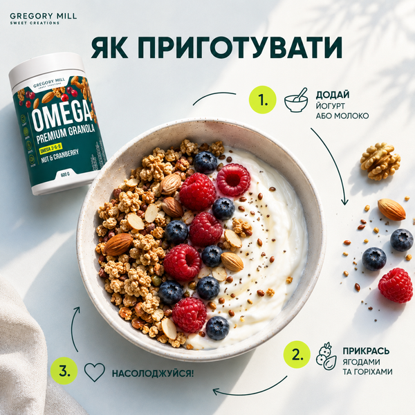 Набір граноли Омега та Колаген Omega Beauty Pack Nut & Cranberry, Chocolate Cherry та Lemon Blueberry, 1800 г, Gregory Mill GG-10-510 фото